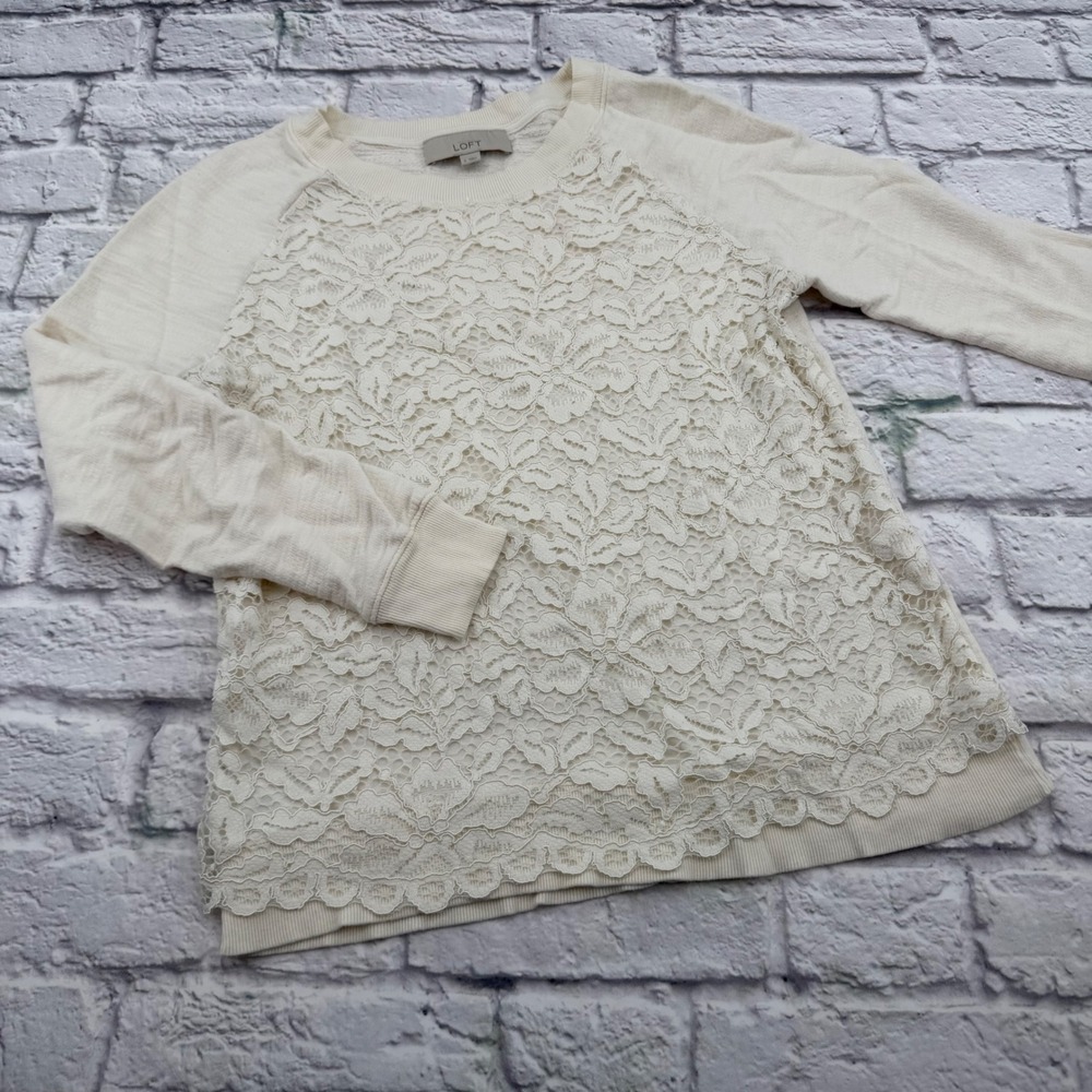 Loft Womens Cream Floral Lace Front Long Sleeve Sweater Top Size S